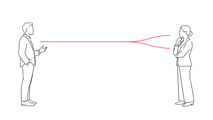 Two people facing each other as one line divides into two interpretations.
