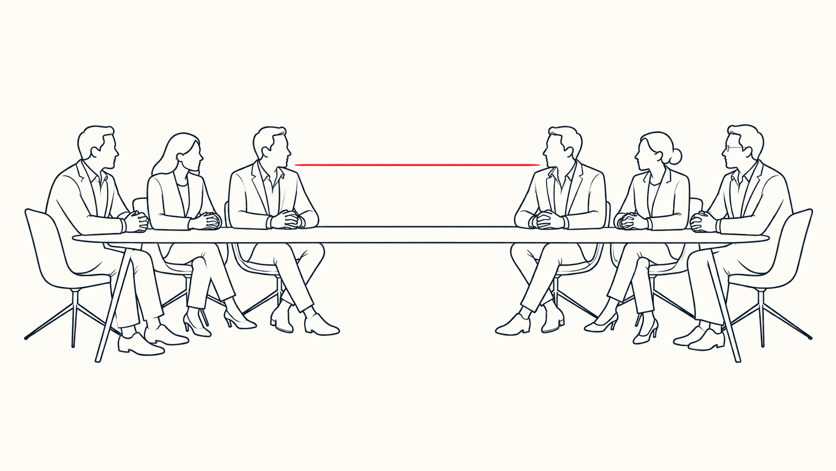 Two senior teams facing each other across a boardroom table.